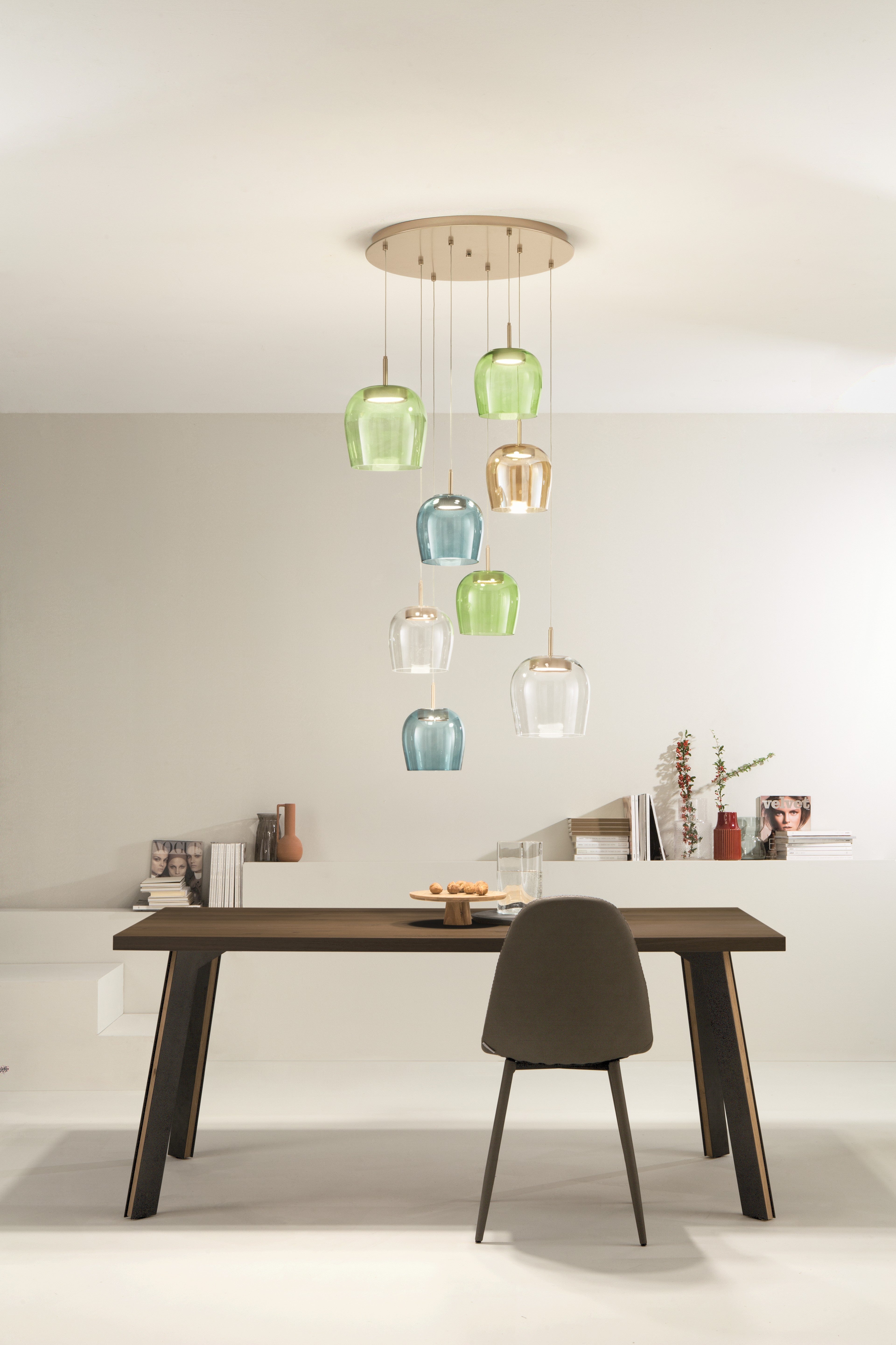 Lampada a sospensione Mareva a 8 luci, colore oro con vetri Alfa - Lumiavera